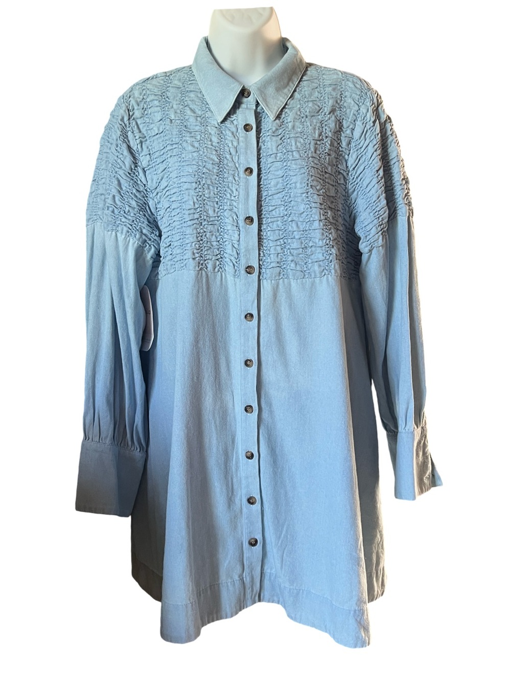 Millibon u.s.a Blue Cotton Mini Dress Long Sleeve Smocked Button Down Tunic M